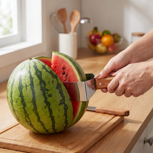 Stainless Steel Watermelon Slicer with Wooden Handle – Clean & Quick Portioning